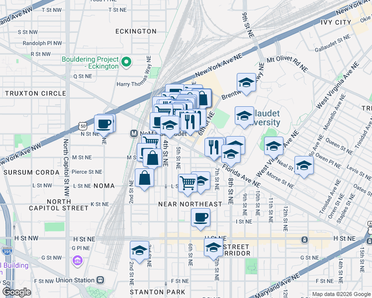 map of restaurants, bars, coffee shops, grocery stores, and more near 519 Florida Avenue Northeast in Washington