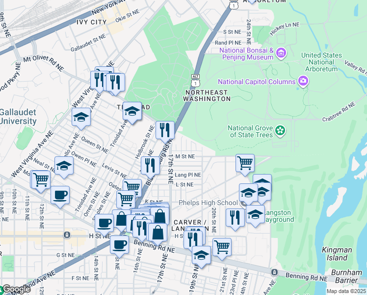 map of restaurants, bars, coffee shops, grocery stores, and more near 101 Independence Avenue Southeast in Washington