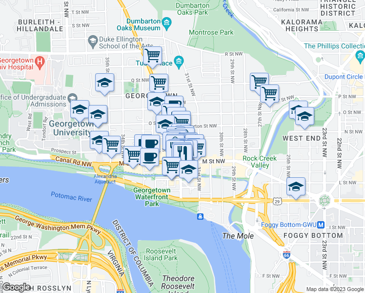 map of restaurants, bars, coffee shops, grocery stores, and more near 1247 Wisconsin Avenue Northwest in Washington