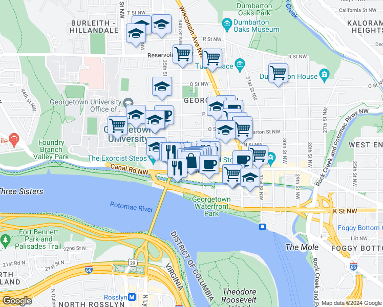 map of restaurants, bars, coffee shops, grocery stores, and more near 3329 Prospect Street Northwest in Washington