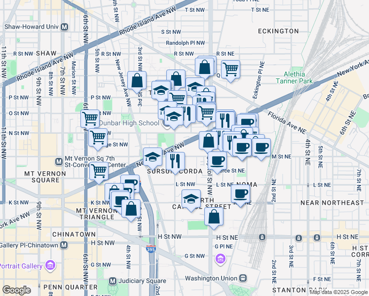 map of restaurants, bars, coffee shops, grocery stores, and more near 66 New York Avenue Northwest in Washington