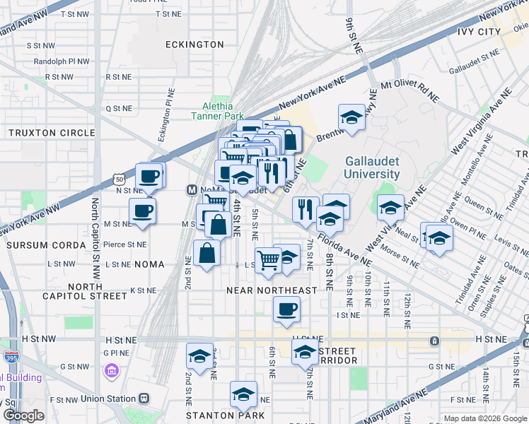 map of restaurants, bars, coffee shops, grocery stores, and more near 101 Independence Avenue Southeast in Washington