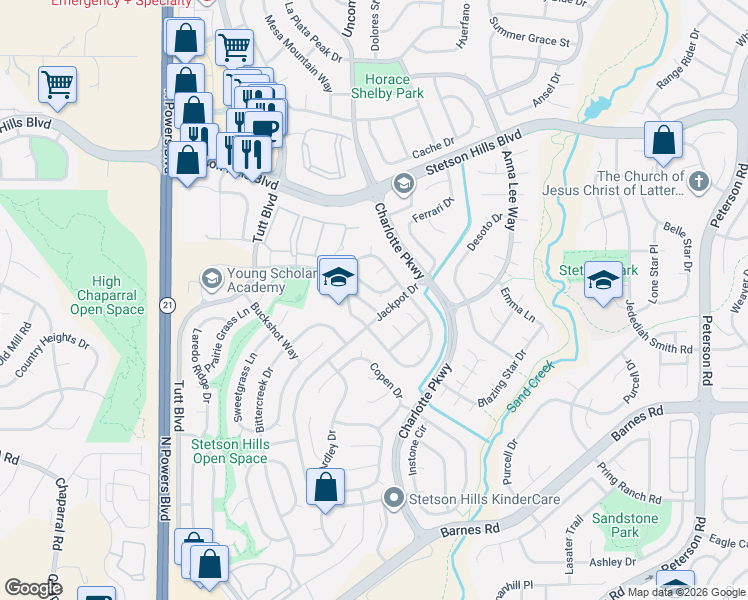 map of restaurants, bars, coffee shops, grocery stores, and more near 6315 Silverado Trail in Colorado Springs