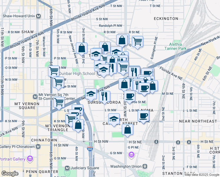 map of restaurants, bars, coffee shops, grocery stores, and more near 66 New York Avenue Northwest in Washington