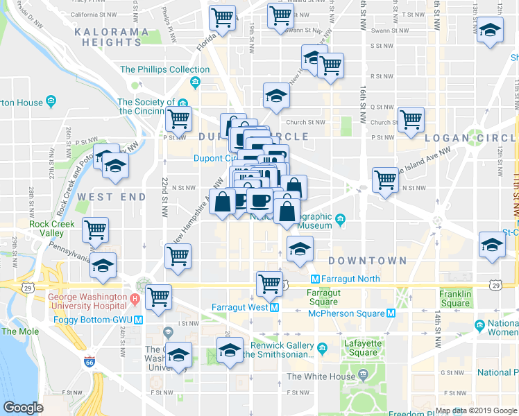 map of restaurants, bars, coffee shops, grocery stores, and more near 1834 Jefferson Place Northwest in Washington