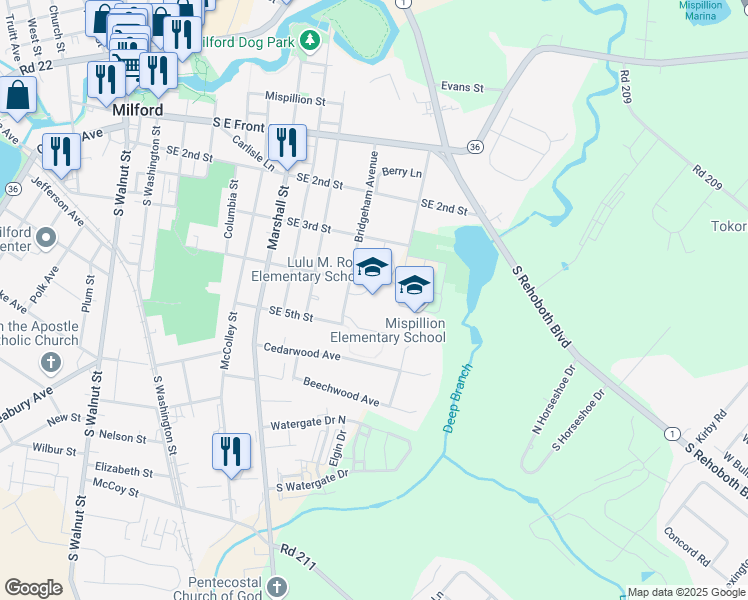 map of restaurants, bars, coffee shops, grocery stores, and more near 310 Lovers Lane in Milford