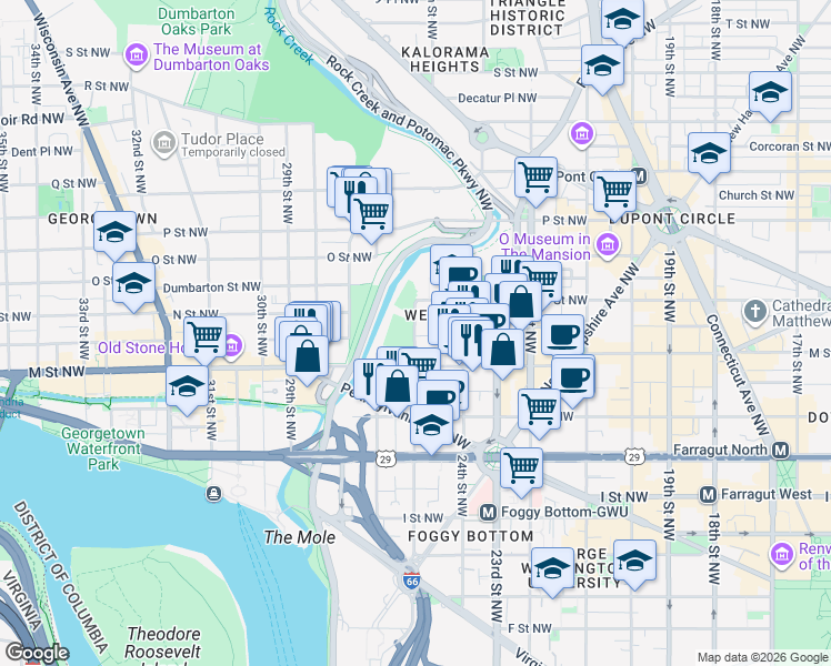 map of restaurants, bars, coffee shops, grocery stores, and more near 1227 25th Street Northwest in Washington