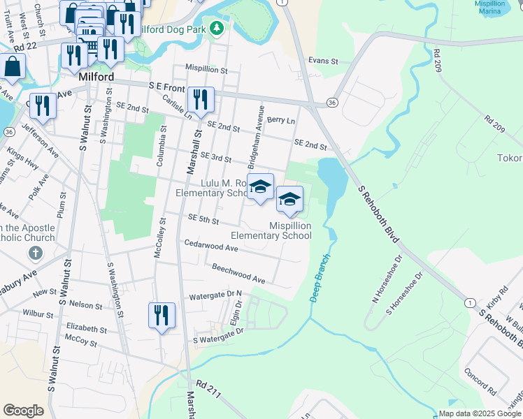 map of restaurants, bars, coffee shops, grocery stores, and more near 310 Lovers Lane in Milford