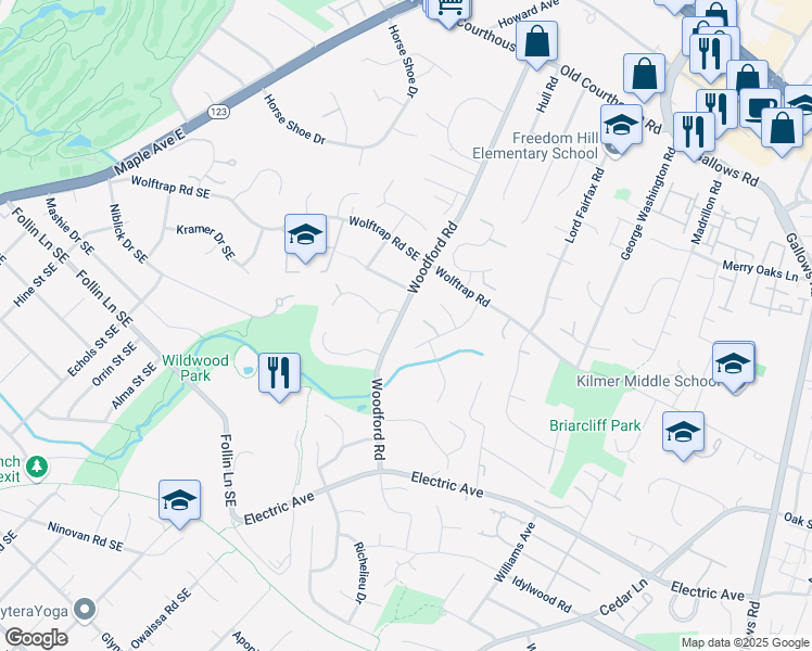 map of restaurants, bars, coffee shops, grocery stores, and more near 2063 Woodford Road in Vienna