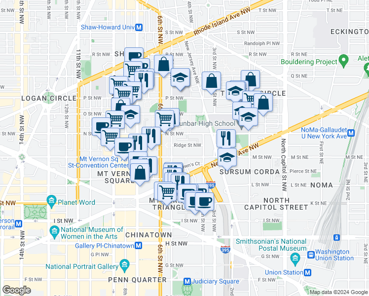 map of restaurants, bars, coffee shops, grocery stores, and more near 446 Ridge Street Northwest in Washington