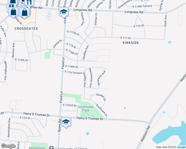 map of restaurants, bars, coffee shops, grocery stores, and more near 7909 East 119 Terrace in Grandview
