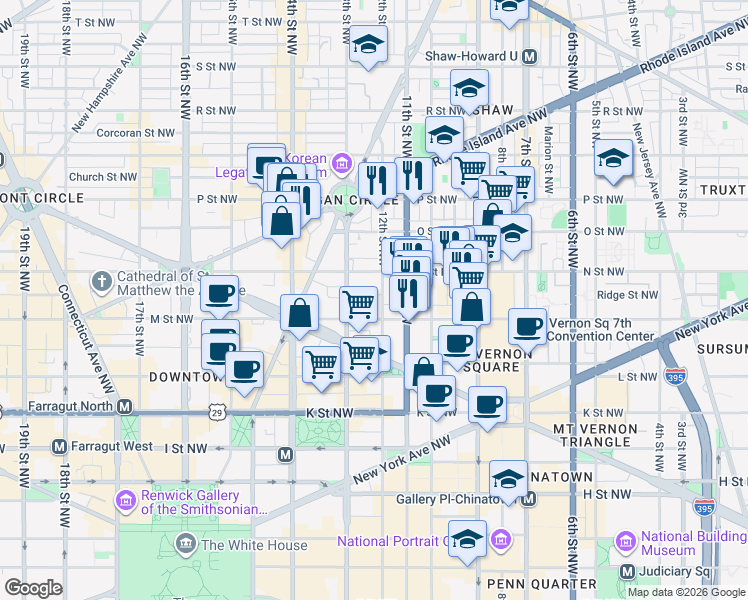 map of restaurants, bars, coffee shops, grocery stores, and more near 1220 12th Street Northwest in Washington