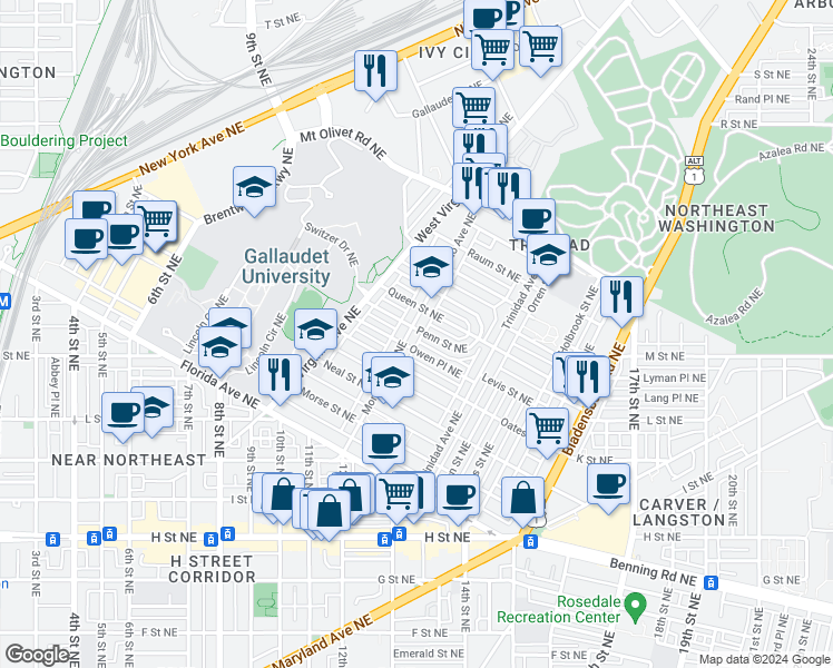 map of restaurants, bars, coffee shops, grocery stores, and more near 1435 Montello Avenue Northeast in Washington