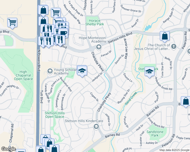 map of restaurants, bars, coffee shops, grocery stores, and more near 6355 Silverado Trail in Colorado Springs