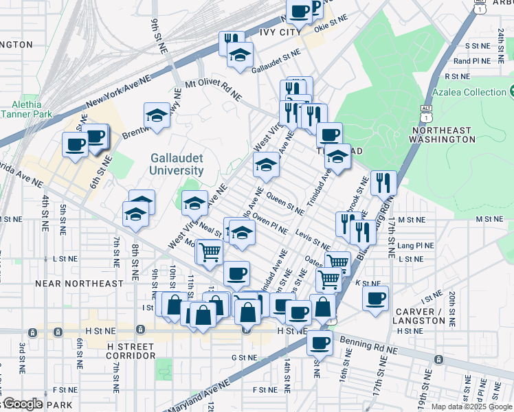 map of restaurants, bars, coffee shops, grocery stores, and more near 1435 Montello Avenue Northeast in Washington
