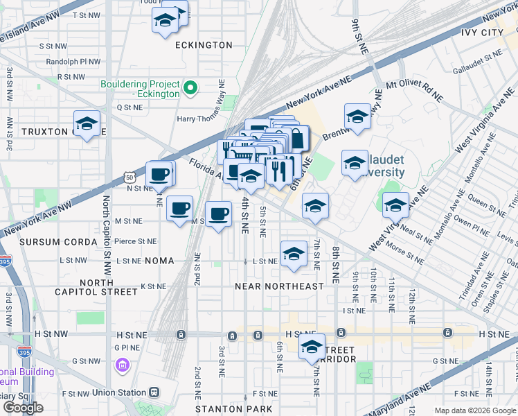 map of restaurants, bars, coffee shops, grocery stores, and more near 101 Independence Avenue Southeast in Washington