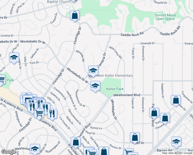 map of restaurants, bars, coffee shops, grocery stores, and more near 3730 Montebello Drive West in Colorado Springs