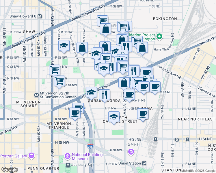 map of restaurants, bars, coffee shops, grocery stores, and more near 80 New York Avenue Northwest in Washington