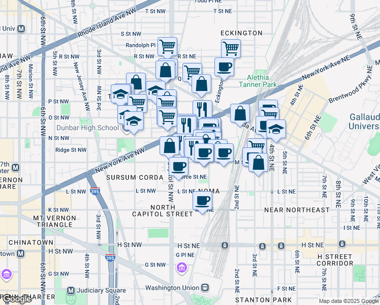 map of restaurants, bars, coffee shops, grocery stores, and more near 88 M Street Northeast in Washington
