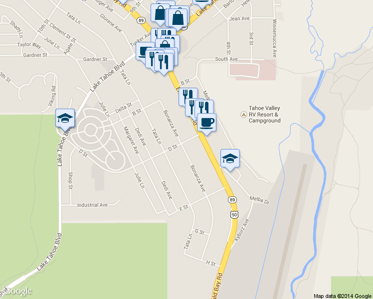 map of restaurants, bars, coffee shops, grocery stores, and more near 1190 Emerald Bay Road in South Lake Tahoe