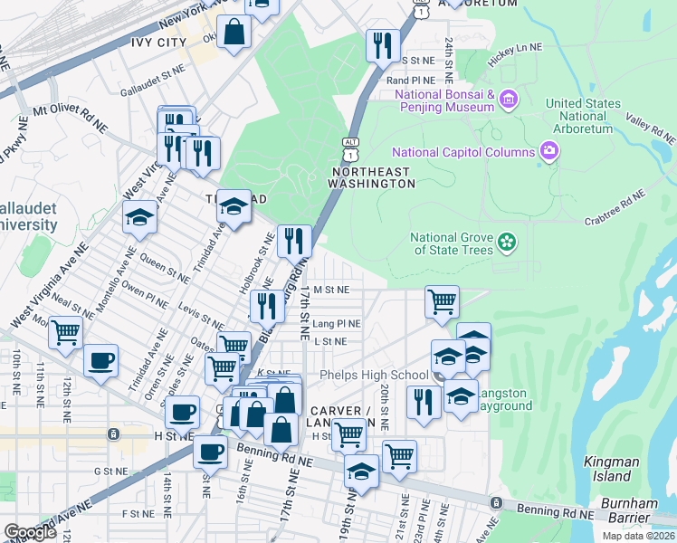 map of restaurants, bars, coffee shops, grocery stores, and more near 101 Independence Avenue Southeast in Washington