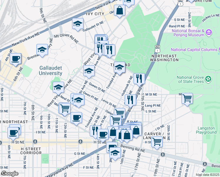 map of restaurants, bars, coffee shops, grocery stores, and more near 1621 Trinidad Avenue Northeast in Washington