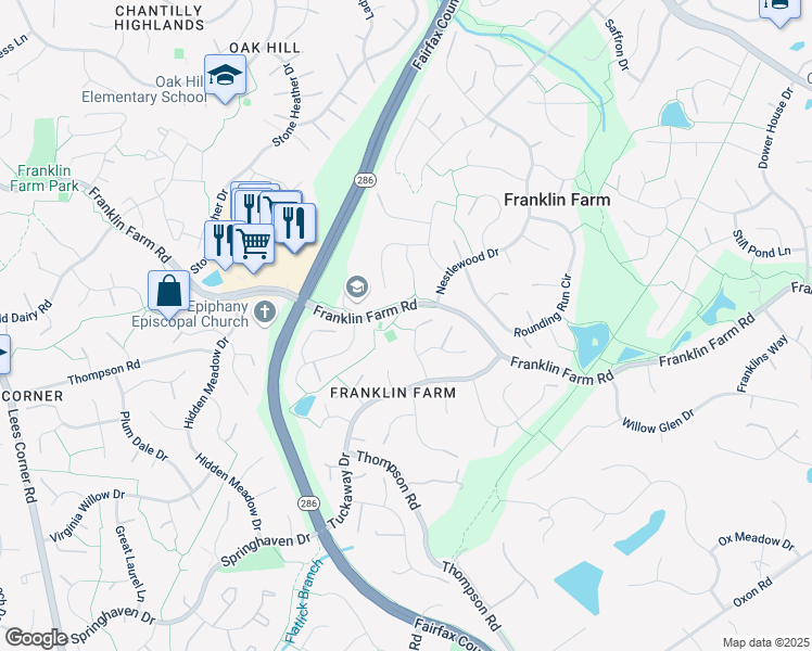 map of restaurants, bars, coffee shops, grocery stores, and more near 3284 Laneview Place in Herndon