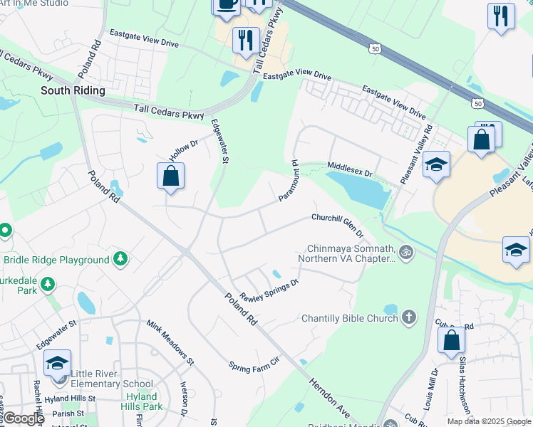 map of restaurants, bars, coffee shops, grocery stores, and more near 43757 Paramount Place in Chantilly