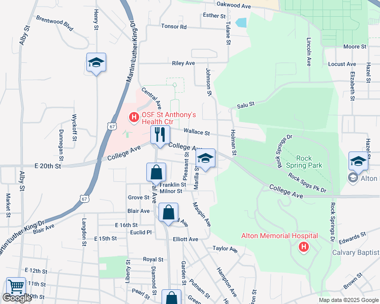 map of restaurants, bars, coffee shops, grocery stores, and more near 938 College Avenue in Alton