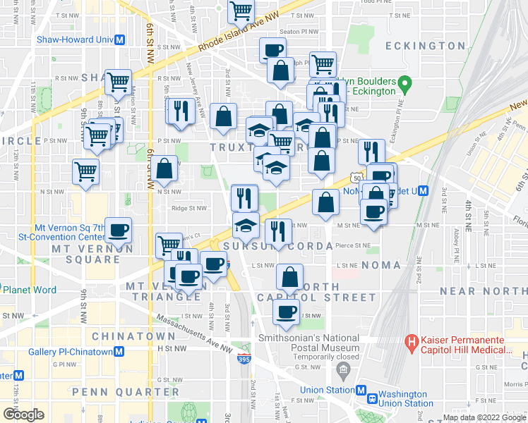 map of restaurants, bars, coffee shops, grocery stores, and more near 115 New York Avenue Northwest in Washington