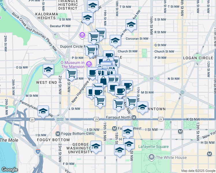 map of restaurants, bars, coffee shops, grocery stores, and more near 1834 Jefferson Place Northwest in Washington