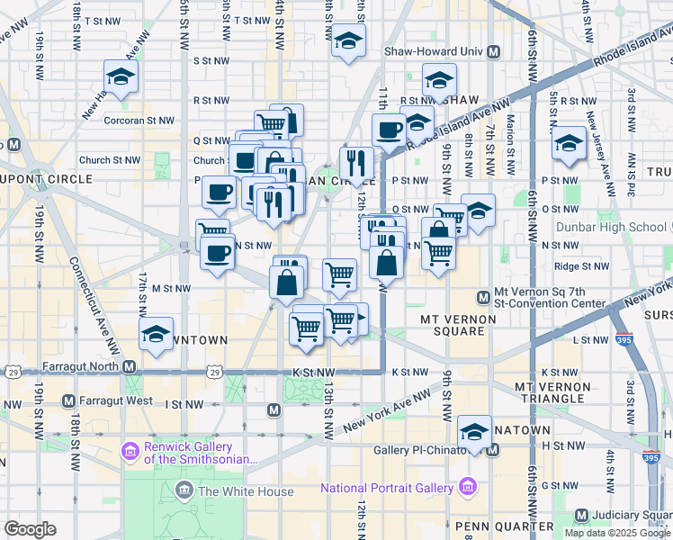 map of restaurants, bars, coffee shops, grocery stores, and more near 1211 13th Street Northwest in Washington