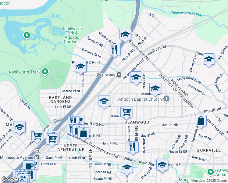 map of restaurants, bars, coffee shops, grocery stores, and more near 4615 Minnesota Avenue Northeast in Washington