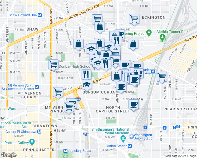 map of restaurants, bars, coffee shops, grocery stores, and more near New York Ave NW & 1st St NW in Washington