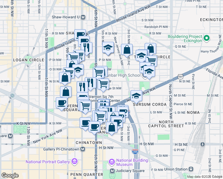 map of restaurants, bars, coffee shops, grocery stores, and more near 101 Independence Avenue Southeast in Washington