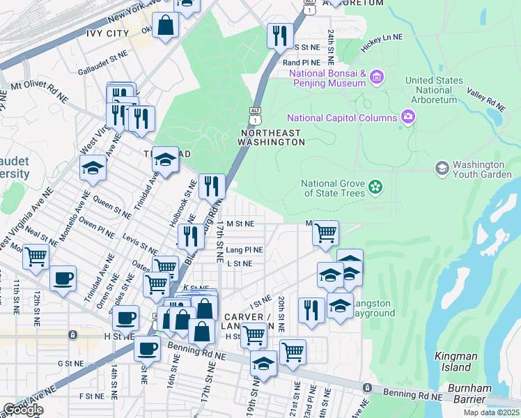 map of restaurants, bars, coffee shops, grocery stores, and more near 1220 19th Street Northeast in Washington