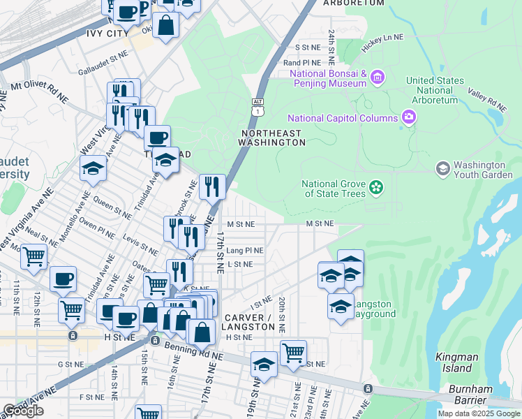 map of restaurants, bars, coffee shops, grocery stores, and more near 1220 19th Street Northeast in Washington