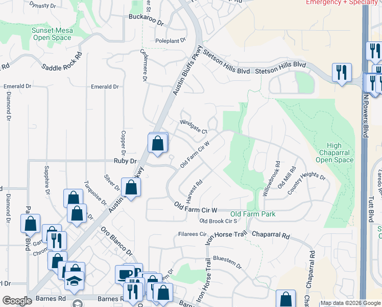 map of restaurants, bars, coffee shops, grocery stores, and more near 4725 Old Farm Circle West in Colorado Springs