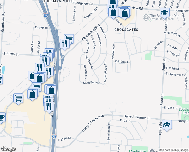 map of restaurants, bars, coffee shops, grocery stores, and more near 11918 Armitage Drive in Grandview