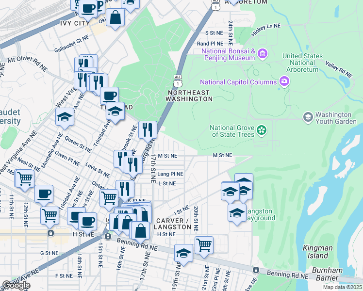 map of restaurants, bars, coffee shops, grocery stores, and more near 1220 19th Street Northeast in Washington