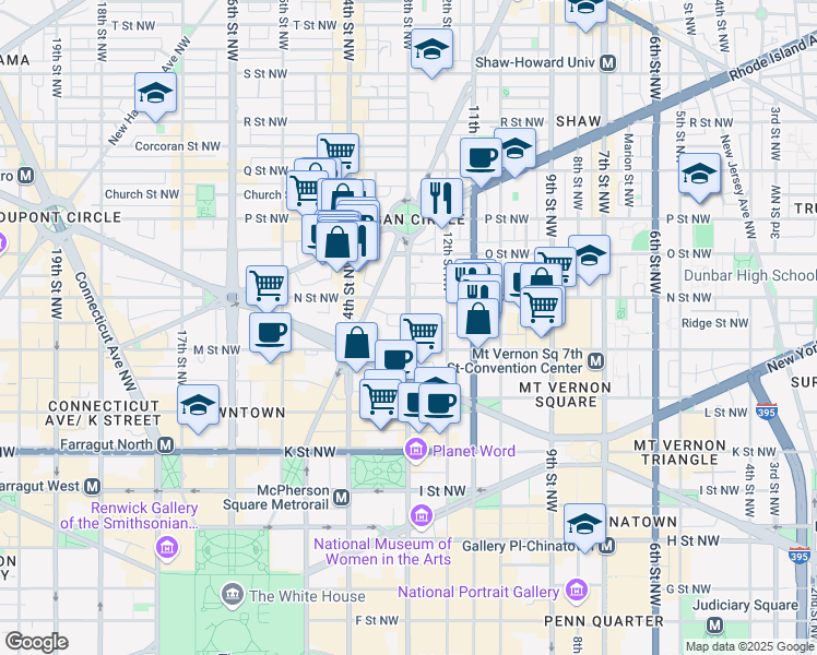 map of restaurants, bars, coffee shops, grocery stores, and more near 1211 13th Street Northwest in Washington