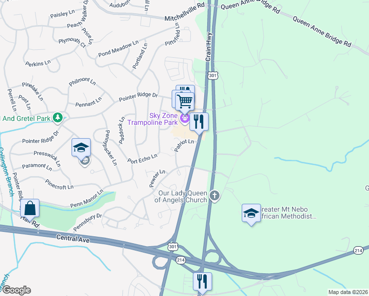 map of restaurants, bars, coffee shops, grocery stores, and more near 1215 Patriot Lane in Bowie
