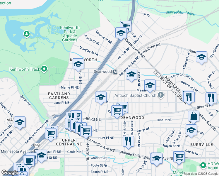 map of restaurants, bars, coffee shops, grocery stores, and more near 4615 Minnesota Avenue Northeast in Washington