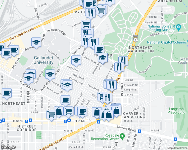 map of restaurants, bars, coffee shops, grocery stores, and more near 1621 Trinidad Avenue Northeast in Washington