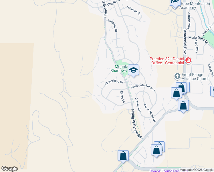 map of restaurants, bars, coffee shops, grocery stores, and more near 2570 Stoneridge Drive in Colorado Springs