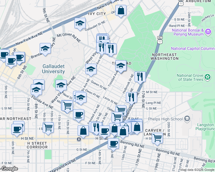 map of restaurants, bars, coffee shops, grocery stores, and more near 1612 Trinidad Avenue Northeast in Washington