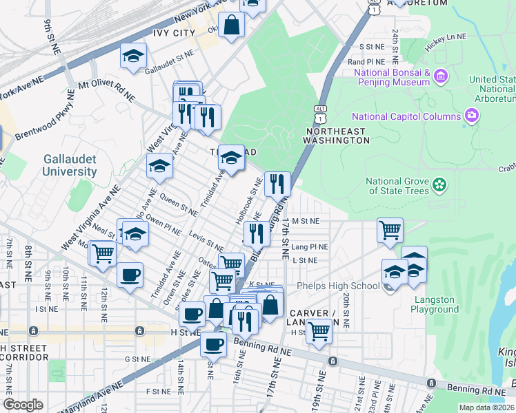 map of restaurants, bars, coffee shops, grocery stores, and more near 101 Independence Avenue Southeast in Washington