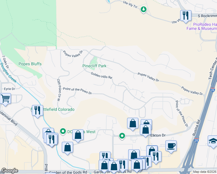 map of restaurants, bars, coffee shops, grocery stores, and more near 850 Golden Hills Road in Colorado Springs
