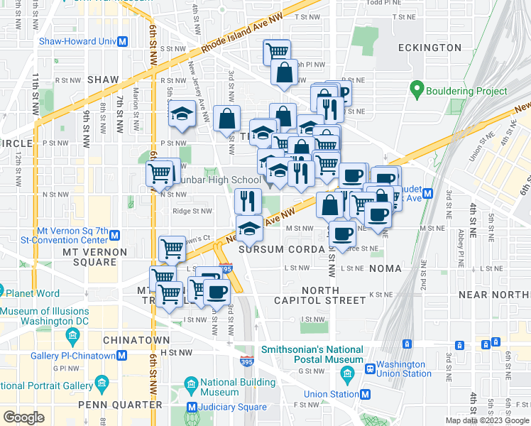 map of restaurants, bars, coffee shops, grocery stores, and more near 117 New York Avenue Northwest in Washington