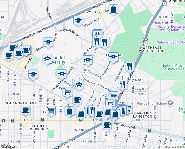 map of restaurants, bars, coffee shops, grocery stores, and more near 101 Independence Avenue Southeast in Washington